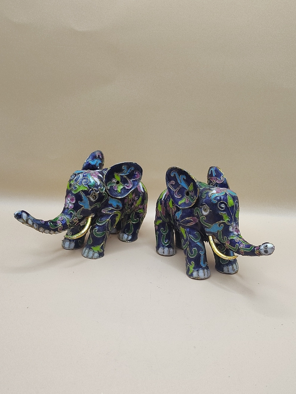 Vintage Decorative Handmade Blue Cloisonné Elephant Figurines - Set of 2